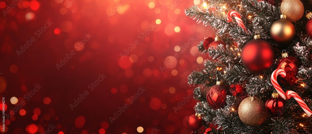 Festive Christmas Tree Decorated with Red and Gold Ornaments, Candy Canes, Against a Sparkling Red Bokeh Background for Holiday Cheer. Festive Christmas Tree Decorated with Red and Gold Ornaments, Candy Canes, Against a Sparkling Red Bokeh Background for Holiday Cheer.