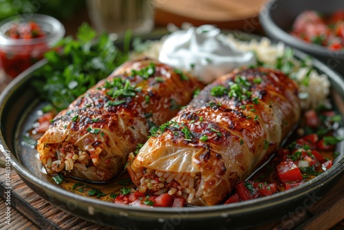 A serving of golubtsy, cabbage rolls stuffed with rice and meat, topped with tomato sauce and sour cream.