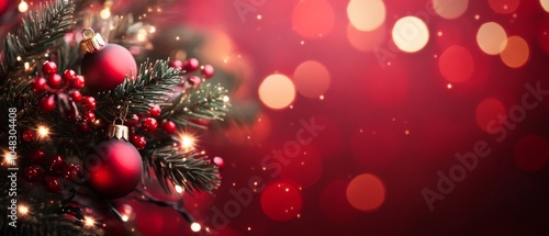 Festive Christmas Scene: Vibrant Red Background with Sparkling Bokeh, Pine Branches, and Decorated Ornaments for Holiday Cheer and Celebration