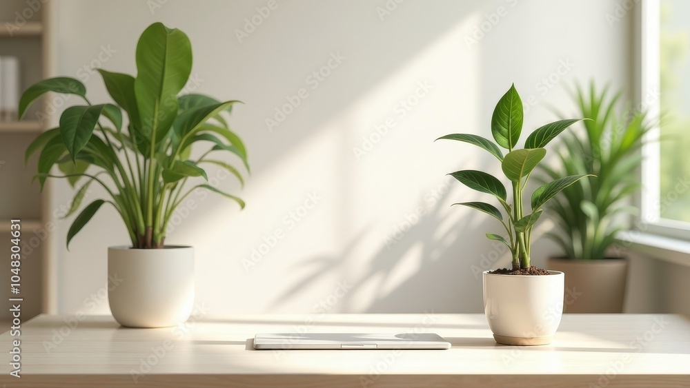 Stylish Minimal Workspace with Two Potted Plants in Sunlight Stylish Minimal Workspace with Two Potted Plants in Sunlight
