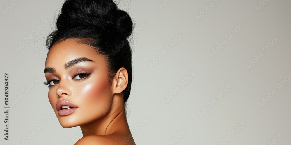 A Young Woman With a Sleek Bun Hairstyle Poses Confidently, Showcasing Her Radiant Skin and Natural Makeup Against a Neutral Backdrop A Young Woman With a Sleek Bun Hairstyle Poses Confidently, Showcasing Her Radiant Skin and Natural Makeup Against a Neutral Backdrop