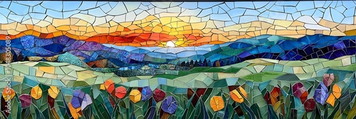 Colorful mosaic made from intricate tiles showcasing a scenic landscape representing the beauty of craftsmanship and creative expression