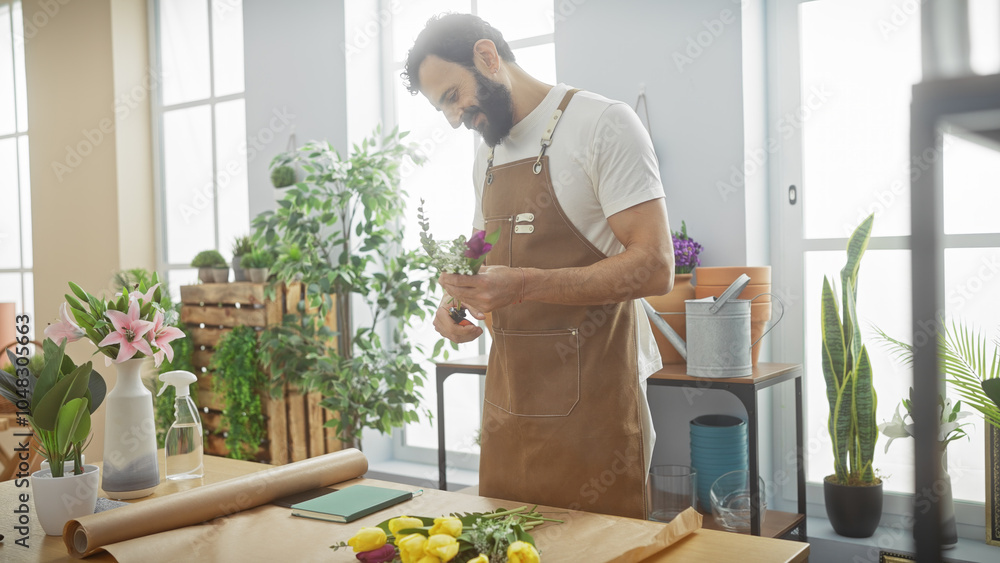 Bearded florist man arranges flowers in a bright interior shop. Bearded florist man arranges flowers in a bright interior shop.