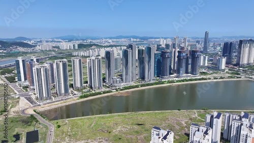 Aerial view of high-rise apartment construction site around Songdo Waterfront, Incheon, South Korea photo