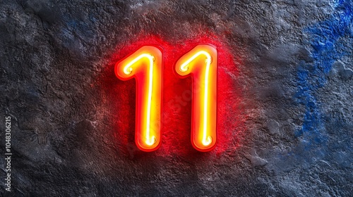 Number Eleven, Vibrant Red Neon Sign Depicting Number 11 on Textured Concrete Wall, 3D Illustration.