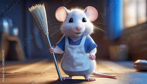 White rat wearing an apron holding a broom ready for cleaning photo