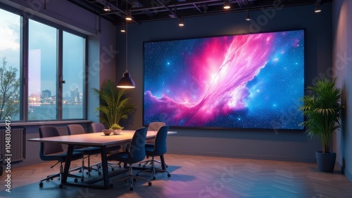 Modern Office with High-Tech LED Panel Displaying Dynamic Corporate Video