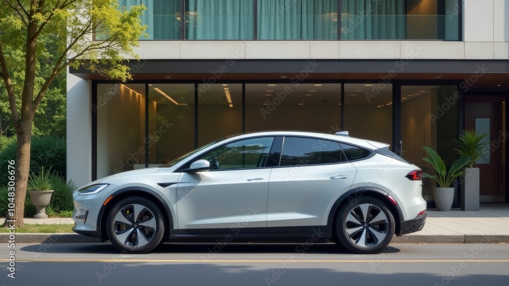 Fototapeta premium Stylish Electric Vehicle Parked Outside a Contemporary Office: A Symbol of Sustainable Commuting