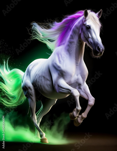 white horse galloping, on a black background with details in neon colors