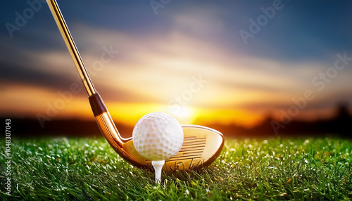 Golf ball on tee in front of driver on a gold course grass green field,the driver positioned ready to hit the ball
 photo