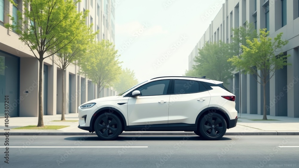 Modern Electric Car Parked on Clean Urban Street with Sustainable Ambience Modern Electric Car Parked on Clean Urban Street with Sustainable Ambience