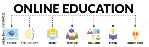Banner of online education web vector illustration concept with icons of course, technology, study, teacher, training, learn, knowledge
