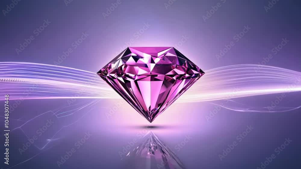 Glowing pink diamond with abstract light streaks on a reflective surface Glowing pink diamond with abstract light streaks on a reflective surface