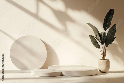 Three round display racks for promotional products on a soft beige background photo