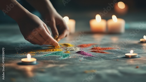 Creating vibrant rangoli designs with colorful powders and candles for festive celebrations photo