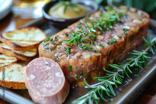 A serving of holodets, a savory meat jelly made from pork or chicken, sliced and served with mustard and horseradish photo