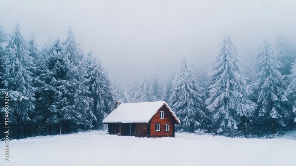 A cozy cabin located in a snow-covered pine forest A cozy cabin located in a snow-covered pine forest
