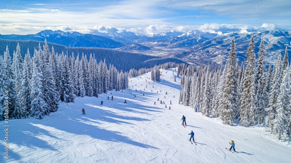 Fototapeta premium aerial shot of skiing and snowboarding on a snowy mountain 