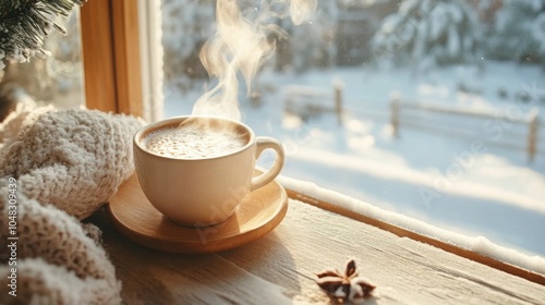 A steaming cup of hot cocoa/coffee on a wooden sill in front of window, snowing outside photo