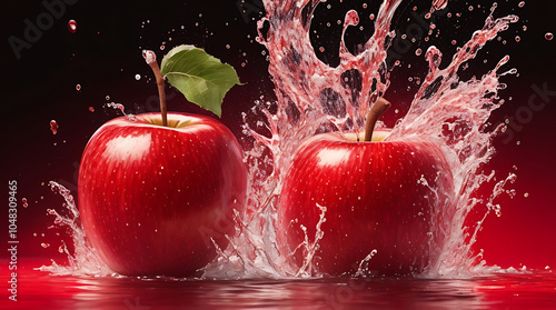 A vibrant red natural fresh apple healthy fruit is floating in a pool of water splashing background. photo