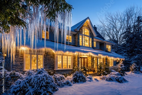 Luxurious villa in a snowy suburban setting, icicles hanging from eaves.