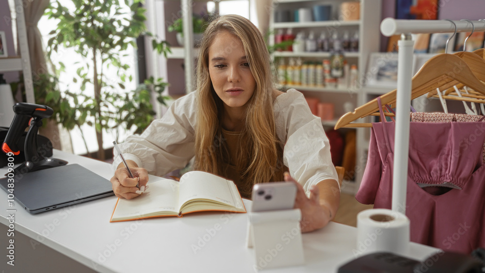 Blonde woman working in a home decor store using a smartphone and writing notes indoors with shelves and decorations in the background Blonde woman working in a home decor store using a smartphone and writing notes indoors with shelves and decorations in the background
