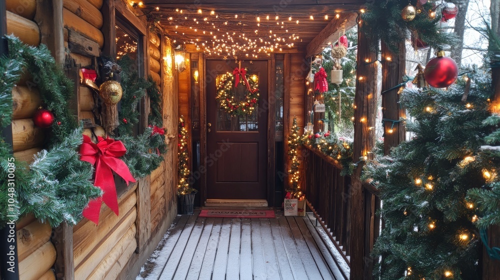 Obraz premium Front view of an entrance to the house decorated for christmas