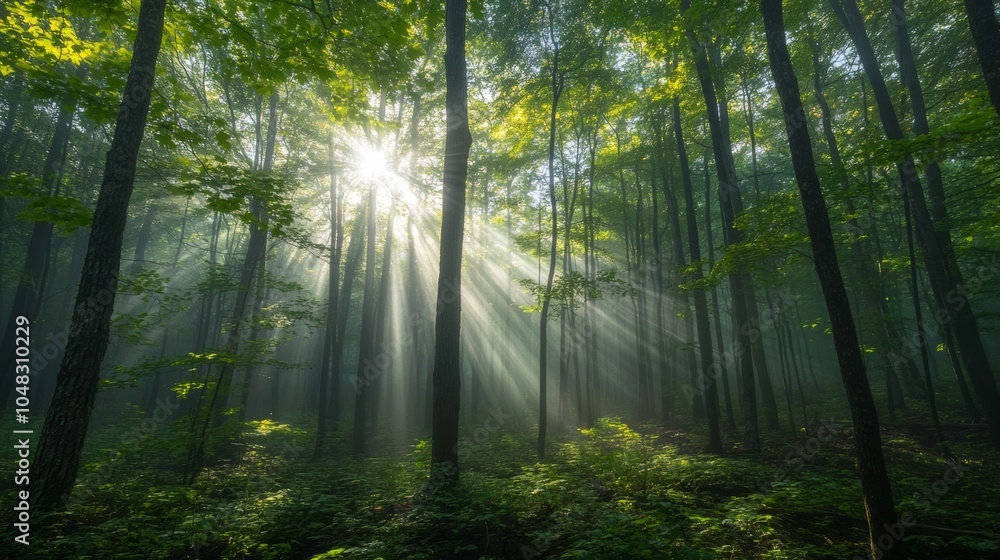 Obraz premium Morning mist rising from a forest canopy, shafts of sunlight piercing through the trees