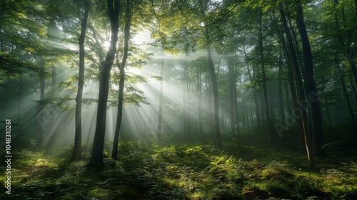 Morning mist rising from a forest canopy, shafts of sunlight piercing through the trees