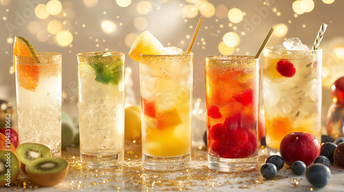 Festive New Year's cocktails with vibrant colors, fresh fruits, and sparkling decorations, perfect for celebrating the holiday season with a stylish and cheerful drink display photo