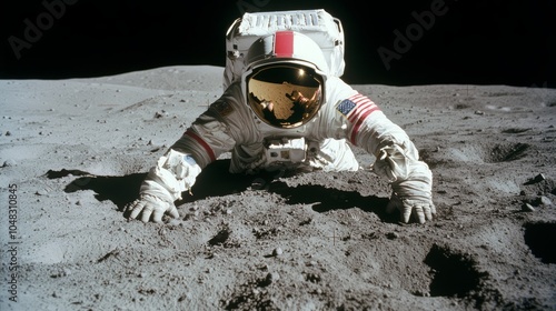 Lunar Playtime - Astronaut Bouncing on Moon's Surface in Low Gravity Exploration Mission | Ultra-Detailed Photo photo