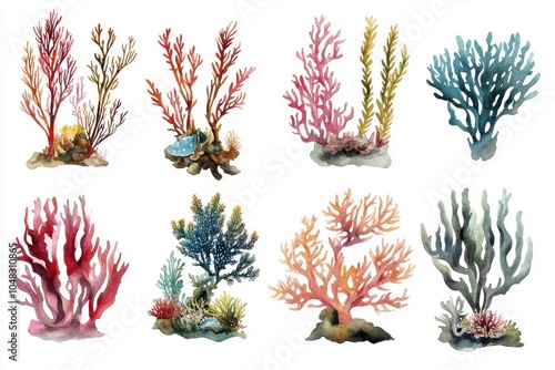 Assortment of aquatic watercolor florals and coral formations displayed on a bright backdrop. Nautical motif, decorative elements for water-themed venues, parks, and coastal areas photo