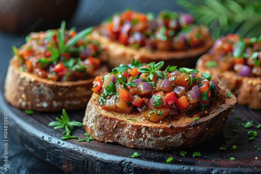 A serving of ikra, eggplant caviar, spread on slices of toasted rye bread. A serving of ikra, eggplant caviar, spread on slices of toasted rye bread.