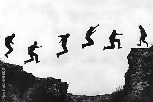 Daring leap captured in silhouette, showing man jumping across cliff in midair sequence, symbolizing risk, courage, adventure, and overcoming challenges in dramatic black and white

