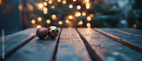 Wallpaper Mural Close-up of two holiday ornaments resting on a rustic wooden table, with a softly glowing Christmas tree in the background, creating a warm festive atmosphere. Torontodigital.ca