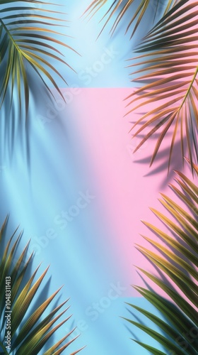 Vibrant palm leaves casting shadows on a bright pink blank canvas in a tropical setting