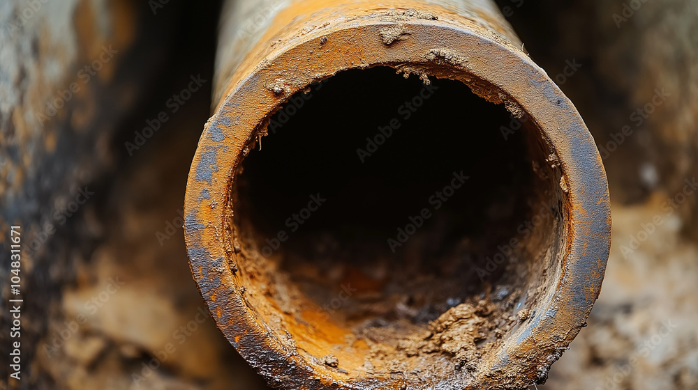 Close-up of a rusty metal pipe with dirt caked on the outside. Close-up of a rusty metal pipe with dirt caked on the outside.