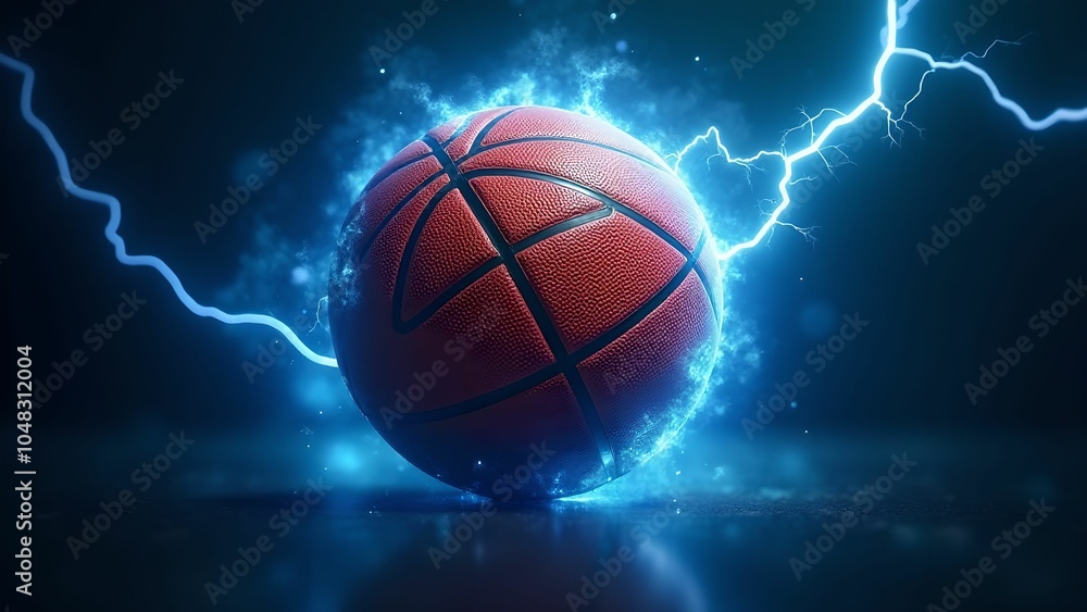 Fototapeta premium A basketball glowing with blue lightning bolts, capturing the intensity and speed of the game