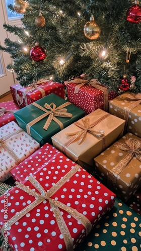 Colorful wrapped gifts under a Christmas tree with ornaments and warm lightin...