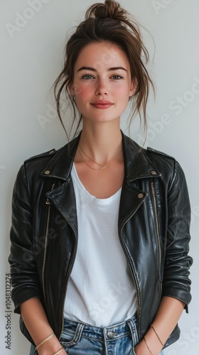 Young woman smiling confidently in a leather jacket and white top against a p...