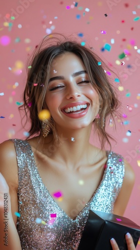 A joyful woman celebrating with confetti and a gift box against a coral backg...