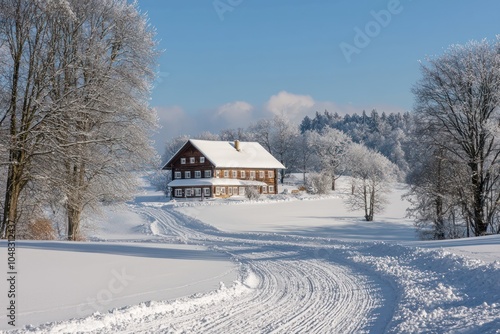 Country house covered in snow on a cold winter day.