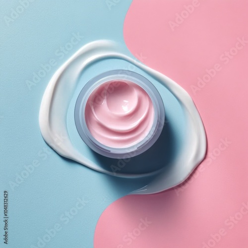 A bottle of pink lotion placed on a soft pastel background with flowing swirl...