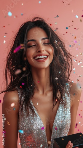 A joyful woman celebrating with confetti and a gift box against a coral backg...