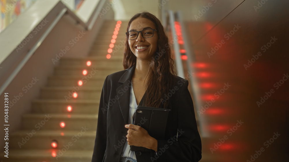 Woman smiling in a modern indoor staircase lobby holding a tablet and wearing a business suit Woman smiling in a modern indoor staircase lobby holding a tablet and wearing a business suit