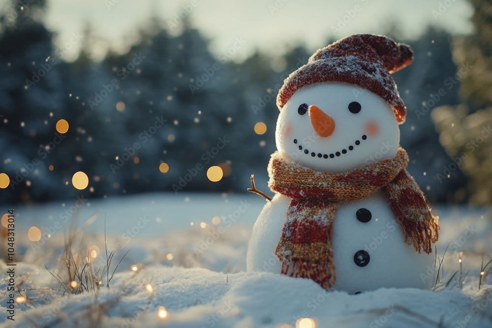 Cheerful snowman with a red hat and scarf in a snowy landscape, surrounded by soft, twinkling lights and a serene winter backdrop. Cheerful snowman with a red hat and scarf in a snowy landscape, surrounded by soft, twinkling lights and a serene winter backdrop.