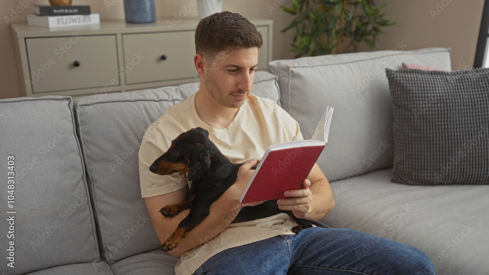 A young hispanic man reads a book while holding his dachshund in a cozy living room. A young hispanic man reads a book while holding his dachshund in a cozy living room.