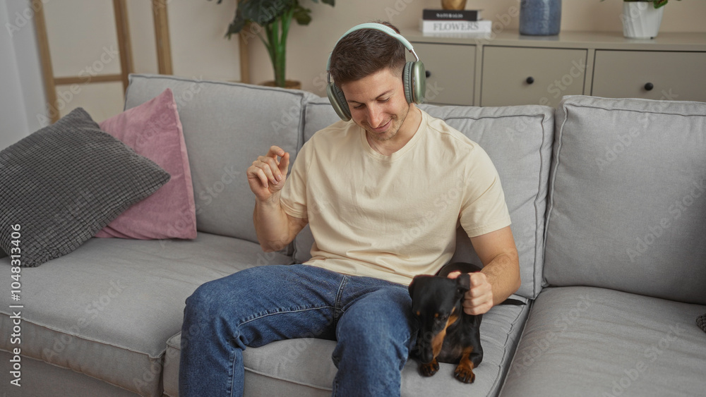 Young hispanic man in a living room, wearing headphones, sitting on a sofa, petting a dachshund dog, enjoying music in a cozy apartment. Young hispanic man in a living room, wearing headphones, sitting on a sofa, petting a dachshund dog, enjoying music in a cozy apartment.