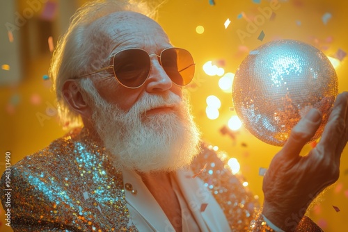 An elderly man in a sparkly suit joyfully holds a disco ball at a festive party