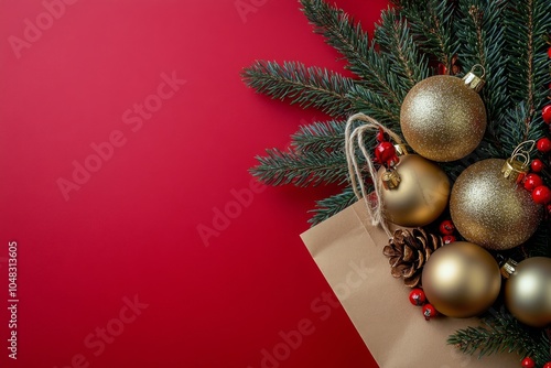 Festive holiday arrangement featuring ornaments and greenery on a bright red ...